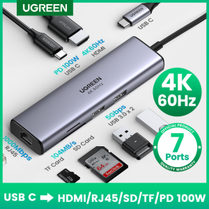 תחנת עגינה לנייד UGREEN USB C ל- HDMI 4K 60Hz, USB C כולל חיבור רשת RJ45 מספר אפשרויות - כ